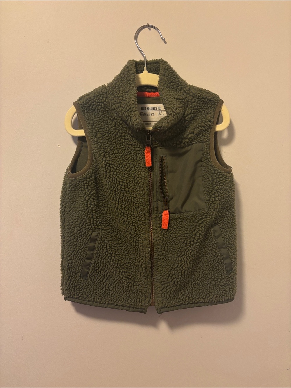 Carter's Olive Sherpa Vest with Bright Orange Zip Pulls